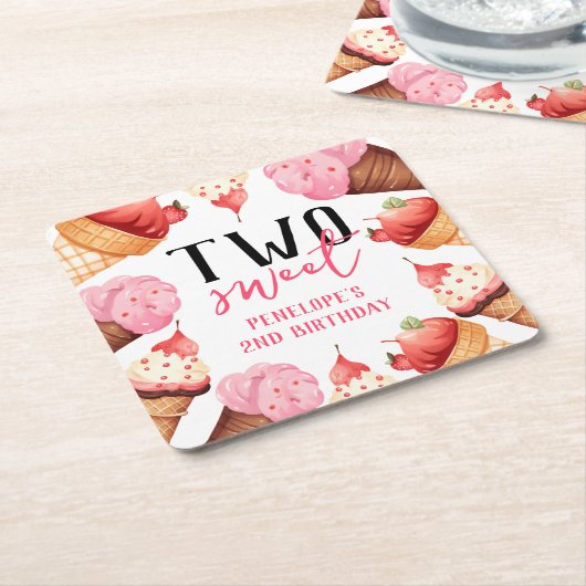 かわいい2つのガーリー甘い2番目の誕生日パーティー スクエアペーパーコースター (アングル)