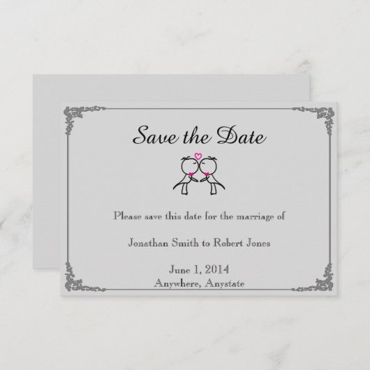かわいい2つのグルームキスをするゲイ結婚式の日付を保存 セーブザデート (正面/裏面)