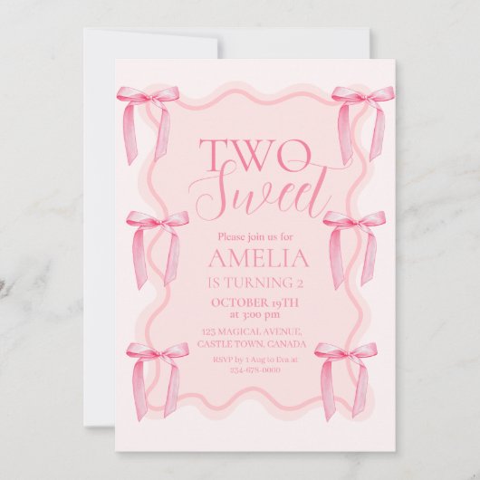 かわいい2つのスイートピンクボウ誕生日パーティー 招待状 (正面)