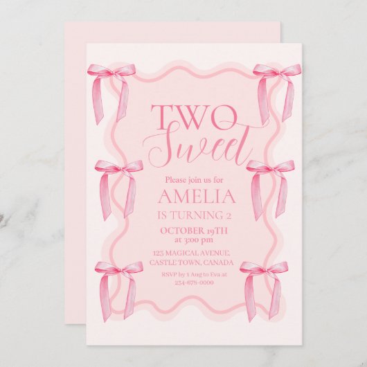 かわいい2つのスイートピンクボウ誕生日パーティー 招待状 (正面/裏面)