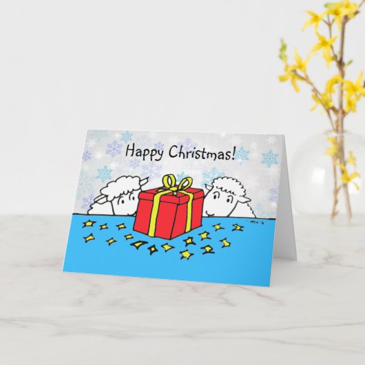 かわいい2つの小さな羊のギフトクリスマス カード (黄色い花)