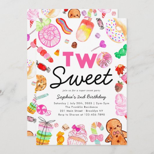 かわいい2つの甘いキャンディランドキッズキャンディランド誕生日 招待状 (正面/裏面)