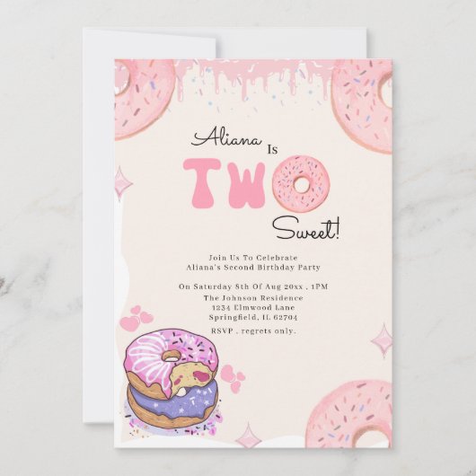 かわいい2つの甘いピンクのドーナツ女の子2nd誕生日 招待状 (正面)