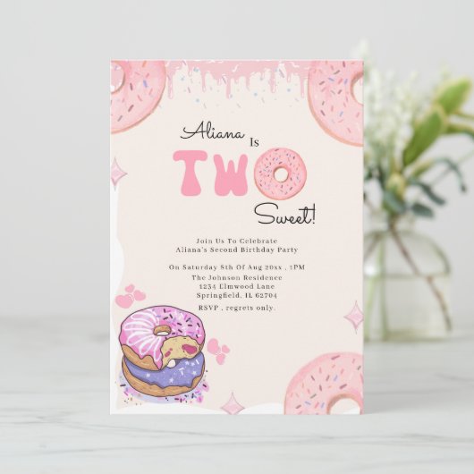 かわいい2つの甘いピンクのドーナツ女の子2nd誕生日 招待状