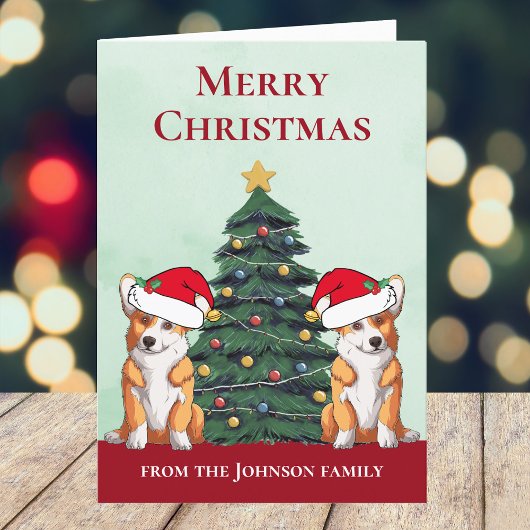 かわいい2コルギクリスマスツリーパーソナライズされたドッグ シーズンカード