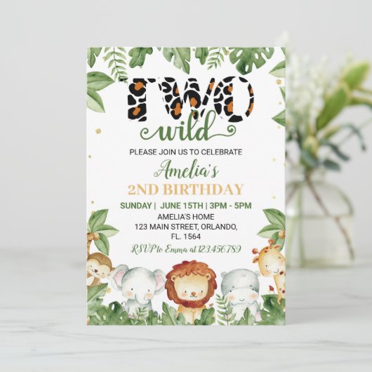 かわいい2ワイルドサファリアニマルズ誕生日招待状 招待状 (スタンド正面)