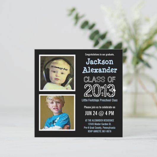 かわいい2人の写真幼稚園の幼稚園児用パーティー 招待状 (スタンド正面)