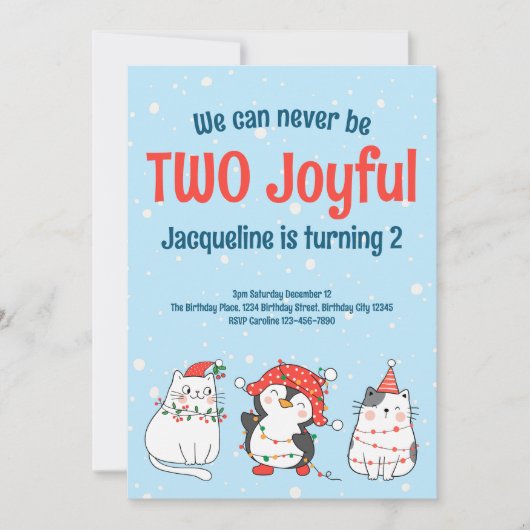 かわいい2匹のおめでたいクリスマスキャットペンギン2歳の誕生日 招待状 (正面)