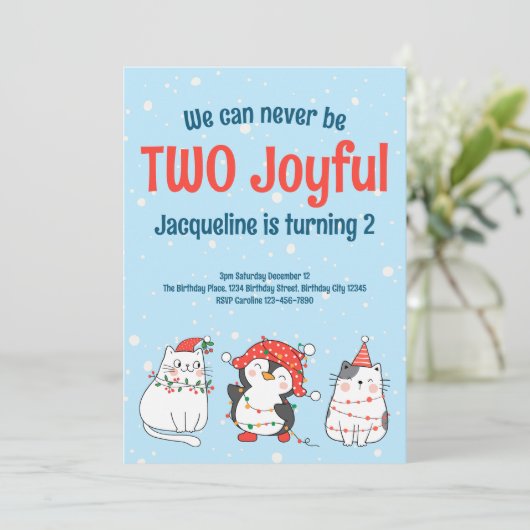 かわいい2匹のおめでたいクリスマスキャットペンギン2歳の誕生日 招待状 (スタンド正面)