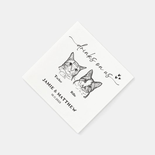 かわいい2匹の猫がカクテルに飲み物をスケッチ結婚 スタンダードカクテルナプキン (角)