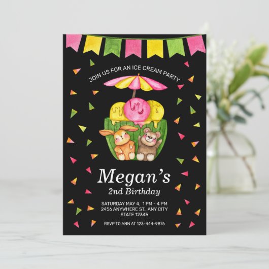 かわいい2回目の誕生日アイスクリームパーティの招待状 (スタンド正面)