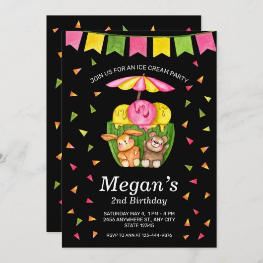 かわいい2回目の誕生日アイスクリームパーティの招待状 (正面/裏面)