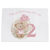 かわいい2回目の誕生日ピンクベア抱き枕for Girl ラージペーパーバッグ (正面)