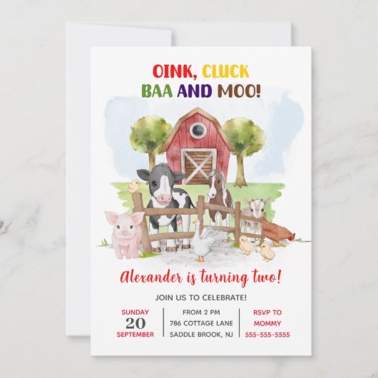 かわいい2回目の誕生日ファーム動物納屋周囲の庭子 招待状 (正面)