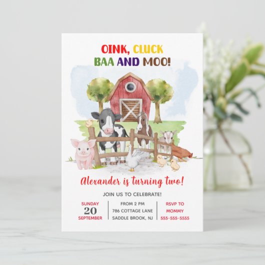 かわいい2回目の誕生日ファーム動物納屋周囲の庭子 招待状 (スタンド正面)