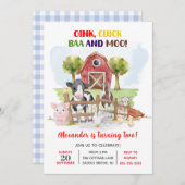 かわいい2回目の誕生日ファーム動物納屋周囲の庭子 招待状 (正面/裏面)