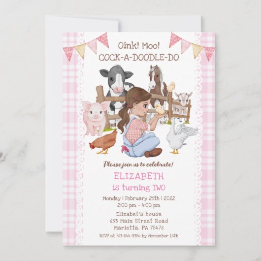 かわいい2回目の誕生日ファーム動物納屋周囲の庭子 招待状 (正面)