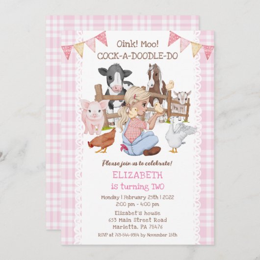 かわいい2回目の誕生日ファーム動物納屋周囲の庭子 招待状 (正面/裏面)