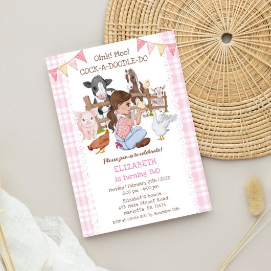 かわいい2回目の誕生日ファーム動物納屋周囲の庭子 招待状