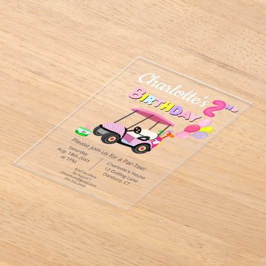 かわいい2回目の誕生日水玉模様ピンクゴガーリールフ アクリル招待状 (レイダウン)