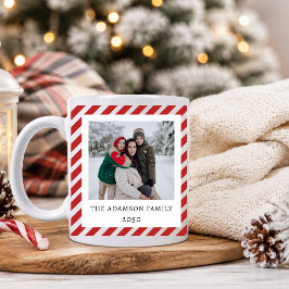 かわいい2枚のフォトコラージュ クリスマス 赤ストライプ オリジナル コーヒーマグカップ