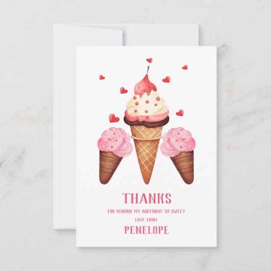 かわいい2歳のアイスクリーム誕生日パーティー サンキューカード (正面)
