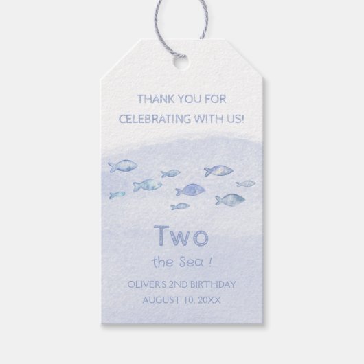 かわいい2歳の誕生日の青い海魚図解入りの、写真付きの ギフトタグ (正面)