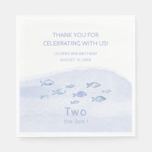 かわいい2歳の誕生日の青い海魚図解入りの、写真付きの スタンダードランチョンナプキン (正面)