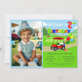 かわいい2歳の誕生日フォトゴルフカートの少年 招待状