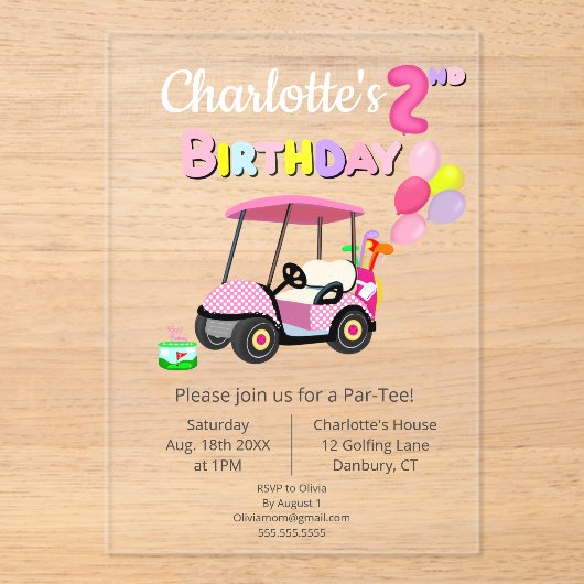 かわいい2歳の誕生日 水玉 ピンク 女の子 ゴルフ アクリル招待状 (正面)