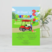 かわいい2歳の誕生日 赤いゴルフカート 男の子用 招待状 (スタンド正面)