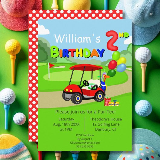 かわいい2歳の誕生日 赤いゴルフカート 男の子用 招待状