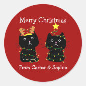 かわいい2猫クリスマスライトカスタム赤いプレゼント ラウンドシール (正面)
