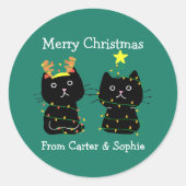 かわいい2猫クリスマスライトギフトパーソナライズされた ラウンドシール (正面)