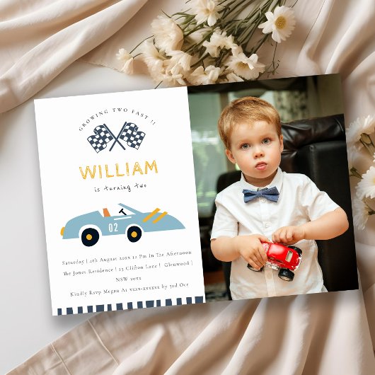 かわいい2速レースカー写真2nd誕生日招待状 サンキューカード