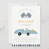 かわいい2高速レースカーブルー2nd誕生日招待状 サンキューカード (正面)