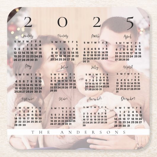 かわいい2024カレンダファミリーフォトファミリー名 スクエアペーパーコースター (正面)