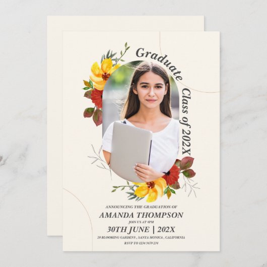 かわいい2025年エレガント写真卒業パーティー 招待状 (正面/裏面)