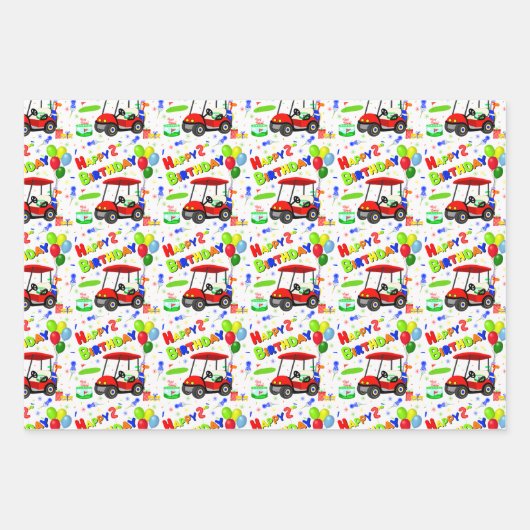 かわいい2ndバースデーレッドゴルフカート少年 ラッピングペーパーシート (正面)