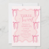 かわいい3つのスイートピンクボウ3rd誕生日パーティー 招待状 (正面)