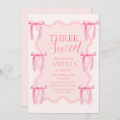 かわいい3つのスイートピンクボウ3rd誕生日パーティー 招待状 (正面/裏面)