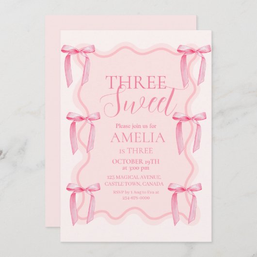 かわいい3つのスイートピンクボウ3rd誕生日パーティー 招待状 (正面/裏面)