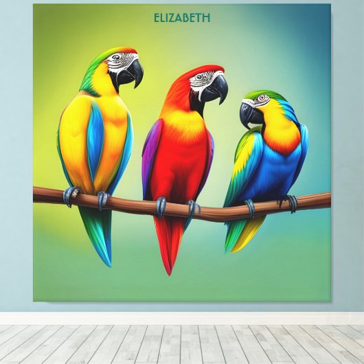かわいい3つのパロットラスティファンタジーヴィンテージかわいい キャンバスプリント (インサイチュ (ウッドフロア))