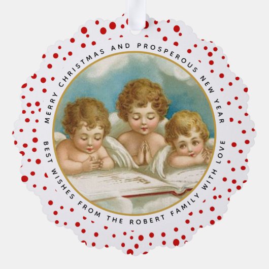 かわいい3つのヴィンテージ天使クリスマスの休日の写真 オーナメントカード (裏面)