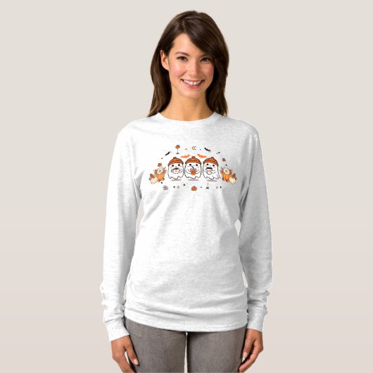 かわいい3つの幽霊がコーヒーを飲む Tシャツ (正面フル)