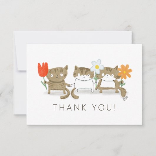 かわいい3つの猫ちゃんと花サンキューカード 招待状 (正面)