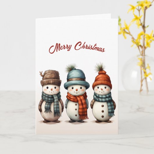 かわいい3つの雪だるまイラストレーションクリスマス カード (黄色い花)