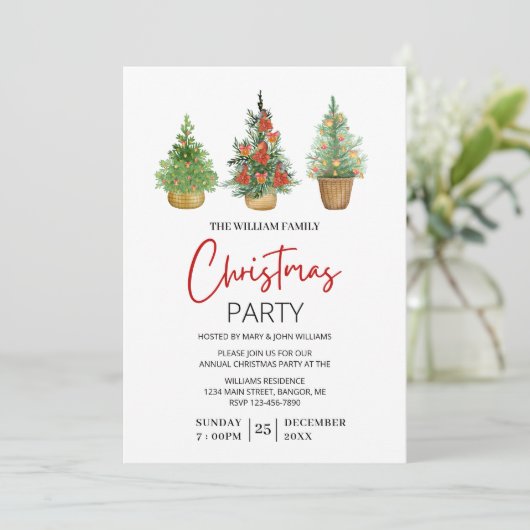 かわいい3ミニクリスマスツリーファミリーパーティー 招待状 (スタンド正面)