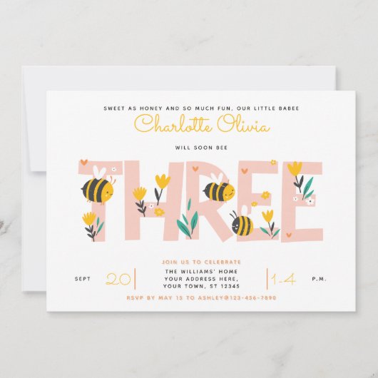 かわいい3人の女の子フローラ3歳 招待状 (正面)