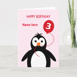 かわいい3位の誕生日ペンギンに名前ピンク カード